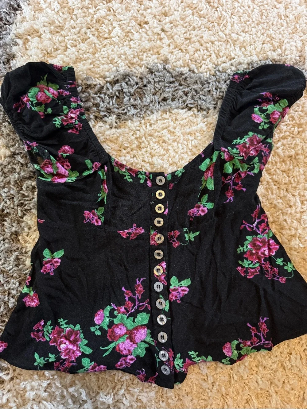 Free People Black Floral Button-Front Scoop Neck Top